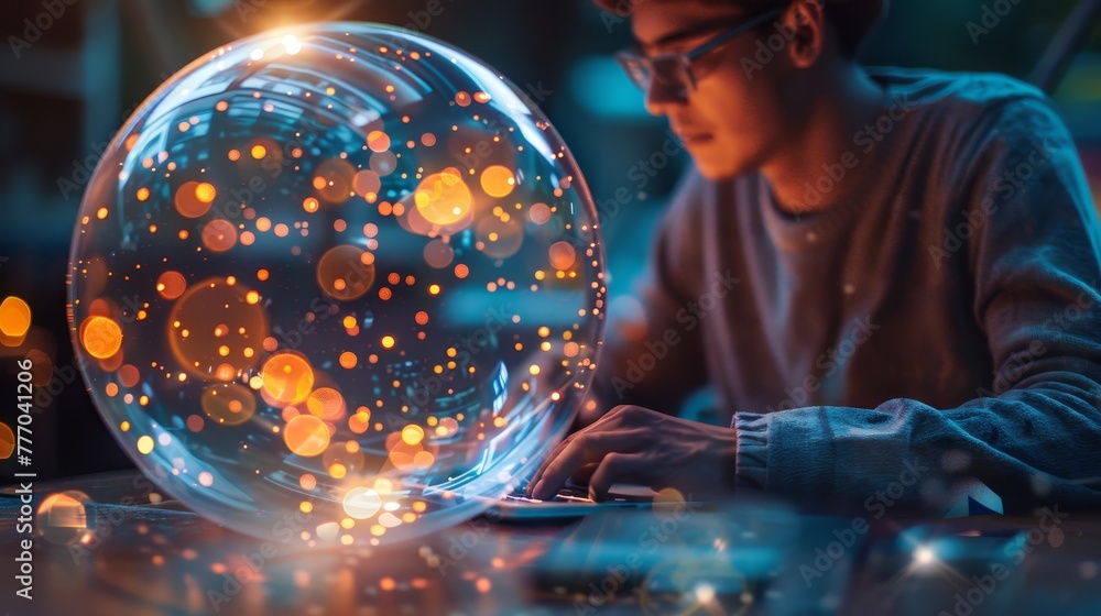 Poster a man is sitting in front of a glowing ball of light, typing on a keyboard. concept of wonder and cu