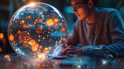 A man is sitting in front of a glowing ball of light, typing on a keyboard. Concept of wonder and curiosity, as the man seems to be exploring the mysterious and ethereal nature of the glowing sphere