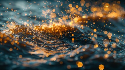 The image is of a body of water with a lot of glitter in it. The glitter is scattered throughout the water, creating a sparkling effect. Scene is one of wonder and amazement