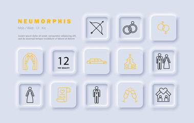 Wedding icon set. Document, wine, sex, glasses, church, heart, wife, wedding dress and suit, man, groom, house, limousine, bow, marriage certificate, altar. Marriage concept. Neomorphism style.