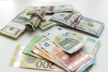 banknotes, American dollar, European currency, euro, various money.