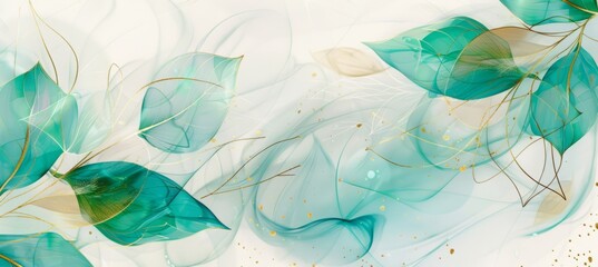 Abstract background with translucent teal and green leaves, with gold veins on a white background. alcohol ink effect, thin golden lines, white background, light green and turquoise leaves