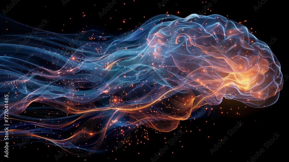 Poster a blue and orange blob of light is floating in the air. the light is surrounded by a lot of small, g