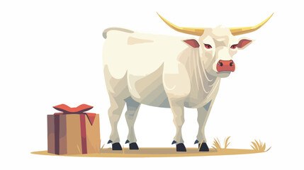 White metal ox bull a cow stands with a gift. Cartoon.