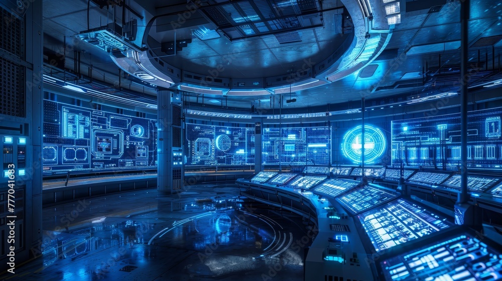 Poster a futuristic room with blue walls and a large circular screen. the room is filled with computer moni