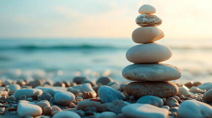 Zen stones in balance at tranquil beach during sunset. - obrazy, fototapety, plakaty