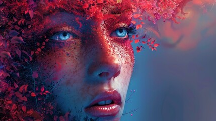A woman with blue eyes and red hair is the main focus of the image. The background is a blue color and the woman's face is surrounded by a red and green foliage. The image has a surreal - obrazy, fototapety, plakaty