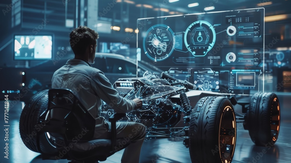 Poster a man is sitting in a chair in front of a computer screen that shows a car with a lot of technology