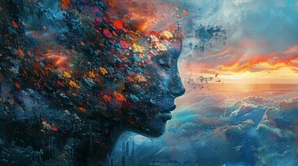A colorful painting of a woman's face with a city skyline in the background. The painting has a dreamy, surreal feel to it, with the woman's face appearing to be made of various colors and shapes - obrazy, fototapety, plakaty