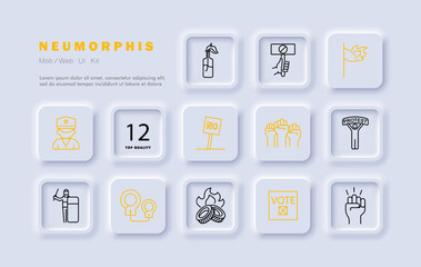 Uprising icon set. Flag, fire, banner, no, ban, handcuffs, police, burning tires, voice, man, silhouette, Molotov cocktail, gradient. The concept of the fight against the regime. Neomorphism style.