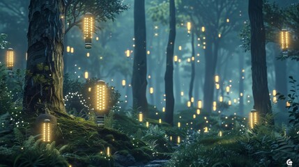 A forest with glowing lights hanging from the trees. The lights are lit up and create a magical atmosphere