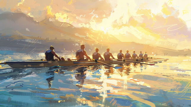 An early morning rowing team in harmony, gliding over calm waters against a golden sunrise backdrop