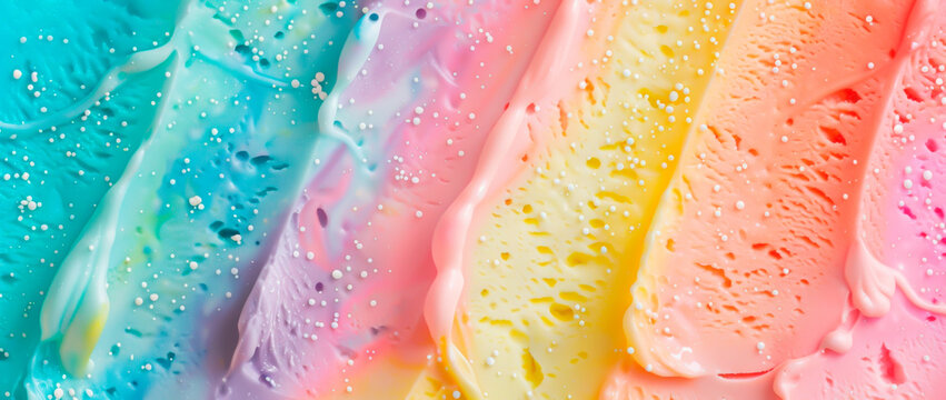 Frozen rainbow ice cream swirls colorful dessert background.