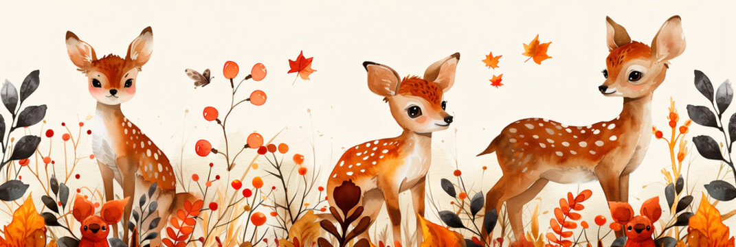 Cute deer are playing, lying in the grass. Watercolor illustration for a postcard.	