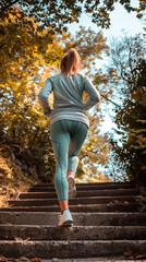 Active woman running upstairs in park, daily workout routine, fitness concept.