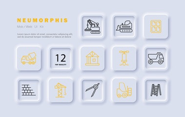 Construction equipment set icon. Window, heavy equipment, ladder, crane, vehicle for transporting cargo, compass, house, frame, drill, wall, mechanism. Building concept. Neomorphism style.