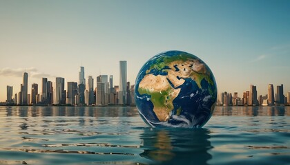 Planet Earth floating in water with the city behind. Concept of global warming and climate change