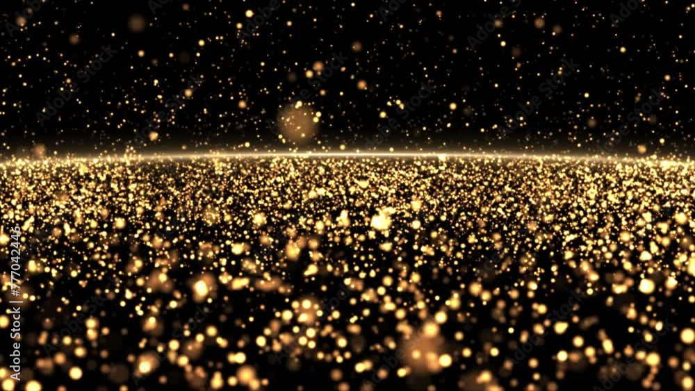 Poster Abstract background with glowing golden particles forming a surface. Bright glitter particles and beautiful bokeh fly and rise up. Seamless loop abstract background