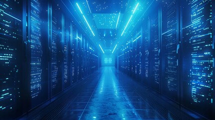 A long blue hallway with many computer servers. The blue color gives a sense of calmness and serenity - obrazy, fototapety, plakaty