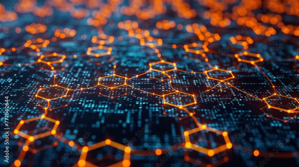 Poster a computer screen with a lot of orange and blue squares. the squares are connected to each other in 