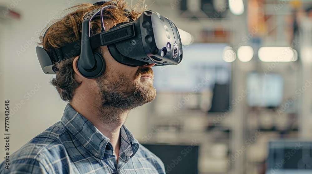 Poster a man wearing a virtual reality headset is looking at a computer screen. the scene is set in a room 