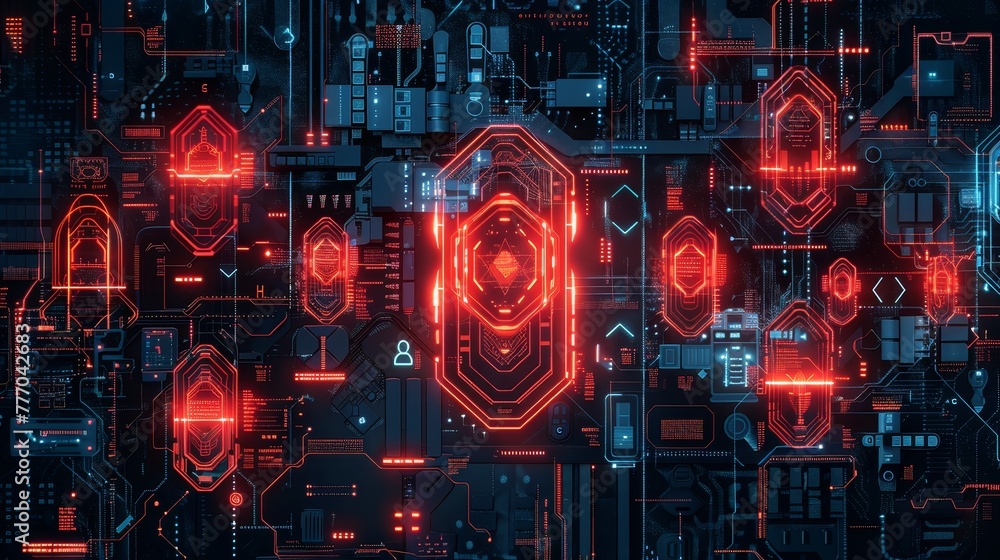 Poster a computer screen with many red and blue squares. the squares are all different sizes and are all re