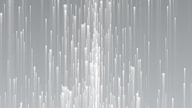 Abstract digital white gray clean background with glowing neon particles flying upward. the movement of a stream of luminous bright lines of particles or a stream of light rays. Seamless loop 
