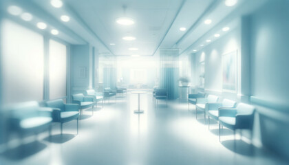 Blurred light background of a tranquil hospital or clinic waiting area, soft light, with comfortable seating and a calming ambiance, space for visitors. Concept for medical presentations - obrazy, fototapety, plakaty
