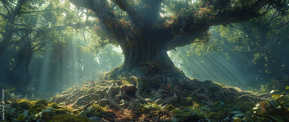 Poster the ancient tree of the enchanted forest generative ai