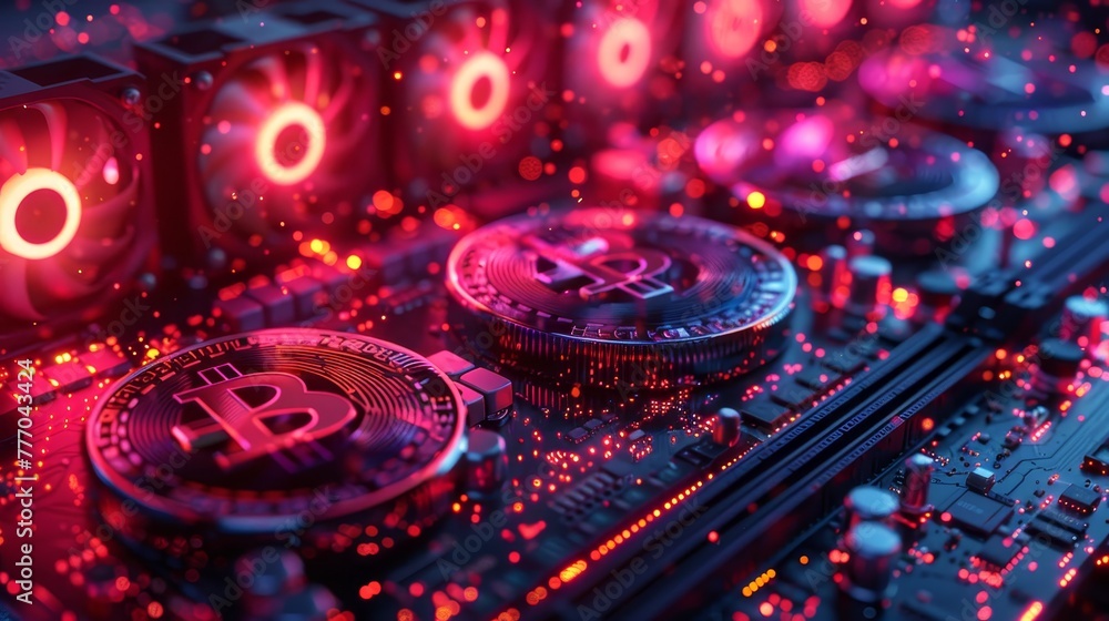 Poster a computer motherboard with three red and blue coins on it. the coins are labeled with the letters b