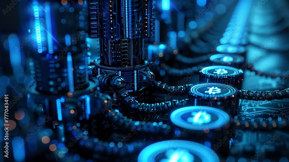 Poster a computer chip with a bunch of blue coins on it. the coins are labeled with the letters b and x