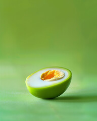 Boiled egg cut in half with yellow yolk and white turns into avocado on solid green background, in the style of food photography. Poduct shot