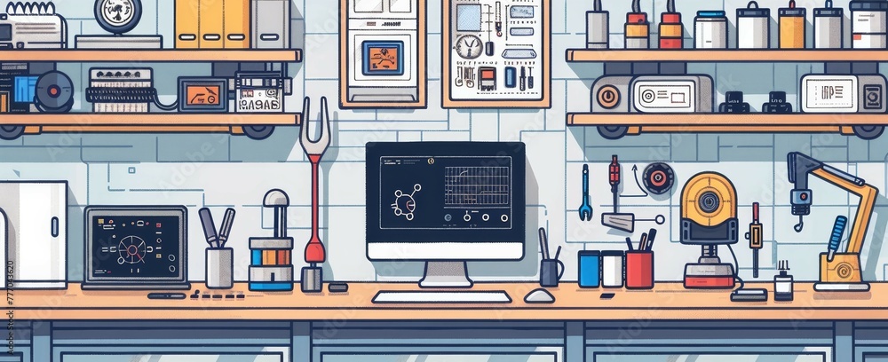 Poster a computer desk with a computer monitor, a keyboard, and a mouse. the desk is cluttered with various