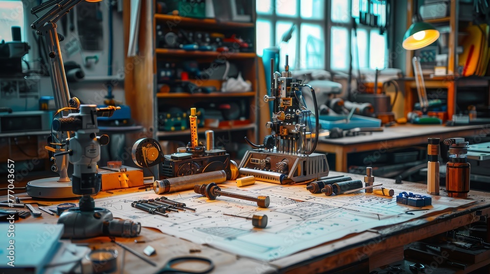 Poster a cluttered workshop with a table full of tools and parts. scene is busy and chaotic