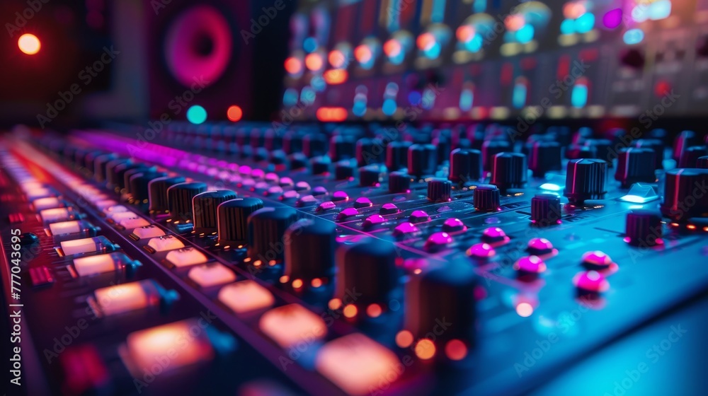 Poster a colorful sound board with many buttons and knobs. scene is energetic and creative