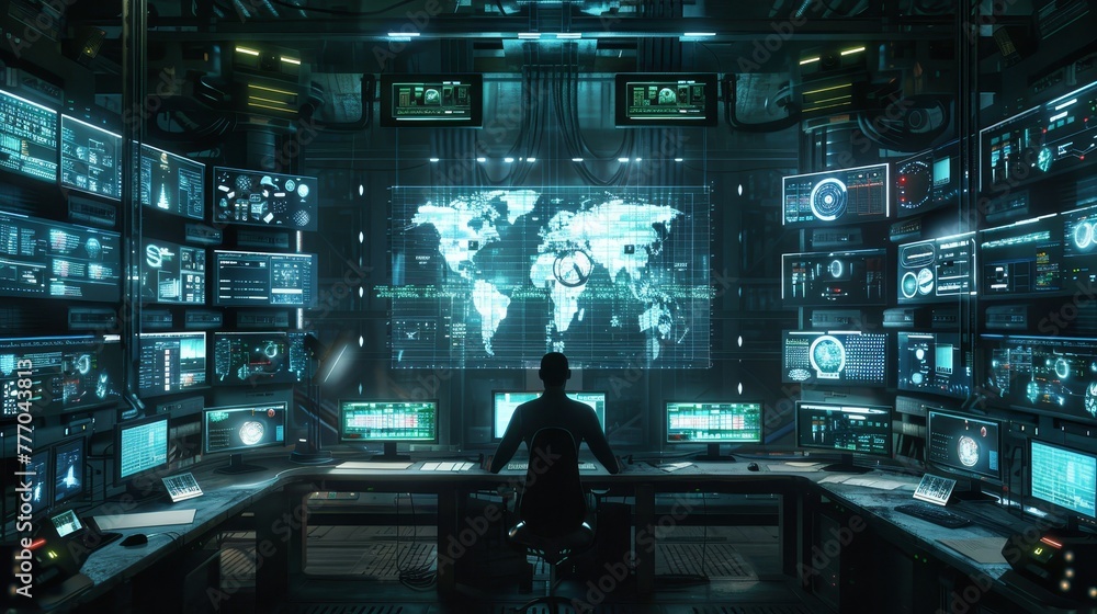 Poster a man sits in front of a computer monitor with a map of the world on it. the room is filled with com