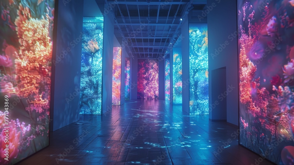 Poster a long hallway with colorful lights and a blue background. the lights are arranged in a way that cre