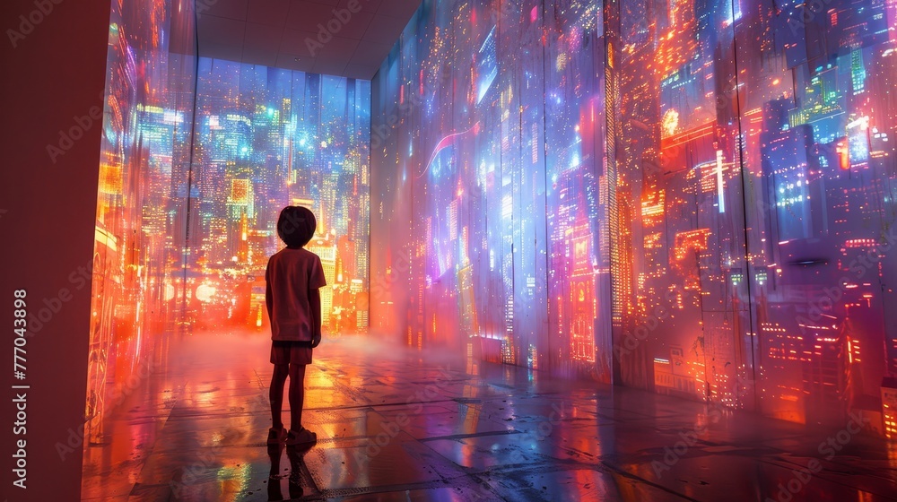 Poster a child stands in front of a large projection of a city. the projection is colorful and the child ap