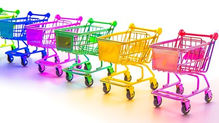 shopping cart symbols in various glowing colors It is symbolic image related to trading and collecting things, The use of a variety glowing colors helps make this image more vivid and interesting