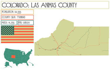 Large and detailed map of Las Animas County in Colorado USA.
