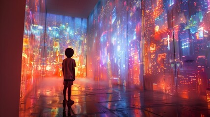 A child stands in front of a large projection of a city. The projection is colorful and the child appears to be looking at it with wonder