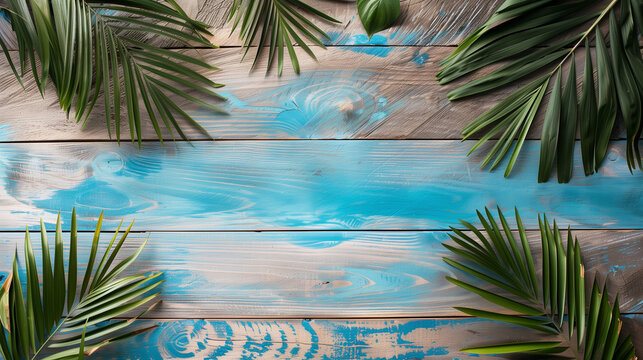 Top of wood table with blue paints with palm leaves in summer