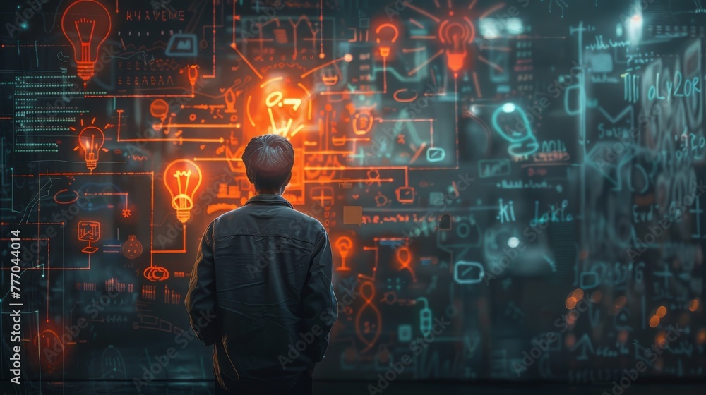 Poster a man stands in front of a wall of equations and diagrams. the man is looking at the wall with a sen