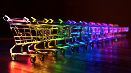 shopping cart symbols in various glowing colors It is symbolic image related to trading and collecting things, The use of a variety glowing colors helps make this image more vivid and interesting - obrazy, fototapety, plakaty