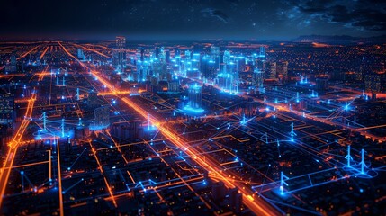 A cityscape with a blue sky and orange lights. The city is lit up and he is in the middle of the night