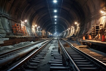 Subway tunnel construction, Underground subway tunnel under construction, AI generated