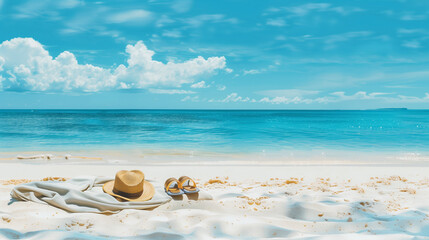 Fototapeta na wymiar a beach towel with a hat and a pair of flip-flops