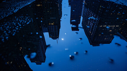 A of tall buildings silhouetted against a backdrop of deep blue sky with a puddle in the foreground reflecting the moon and stars . . - Powered by Adobe