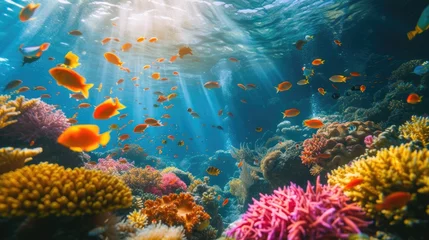 Meubelstickers An underwater coral reef scene, diverse marine life, vivid colors, showcasing the beauty and diversity of ocean life. Underwater photography, coral reef ecosystem, diverse marine life,. Resplendent. © Summit Art Creations