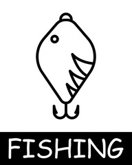 Catch, fish, fisherman icon. Fishing rod, bait, float, underwater creatures, landscape, simplicity, silhouettes, relaxation in nature, fresh air, hobby. The concept of fishing, useful recreation.